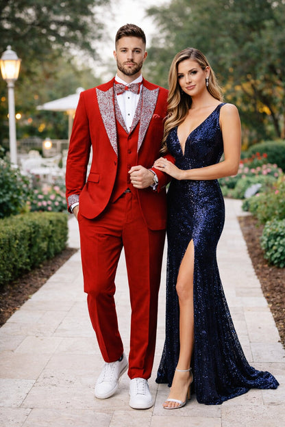 Red Prom Tuxedo - Perfect Wedding Suit Vested Rhinestone sequin Lapelled