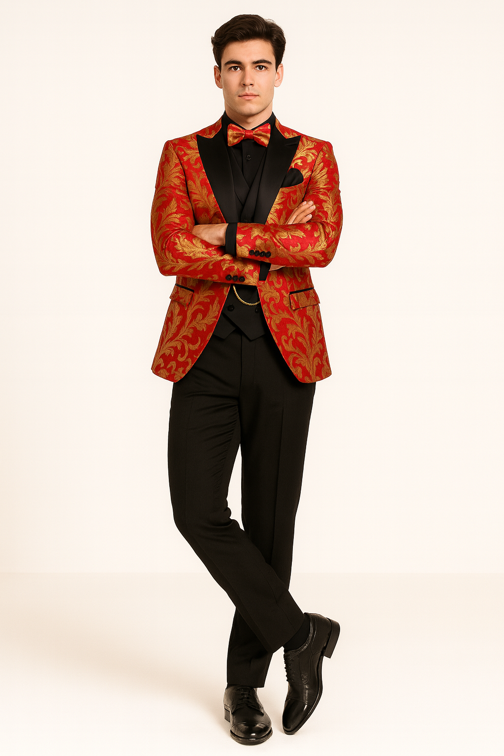 Mens Shiny Paisley Vested Wedding and Prom Tuxedo in Red and Gold