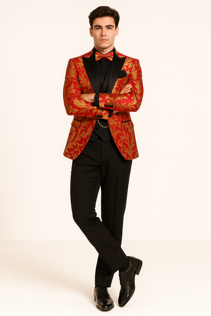 Mens Shiny Paisley Vested Wedding and Prom Tuxedo in Red and Gold