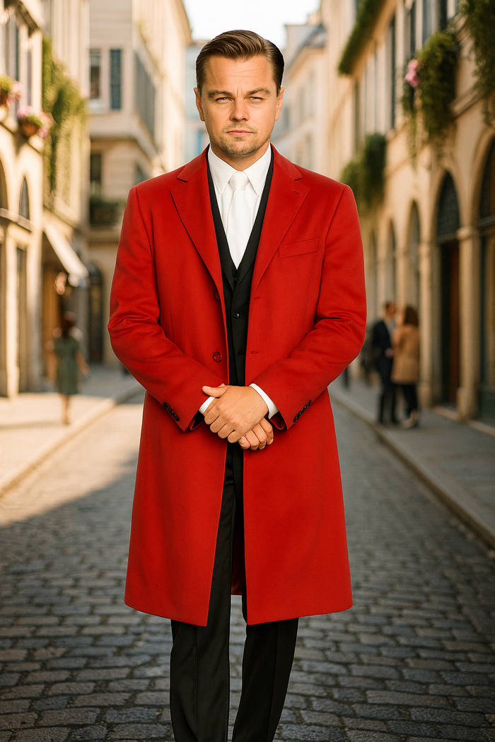 Men's Three Buttons Red Wool Fabric Overcoat / Long men's Dress Topcoat - Winter coat