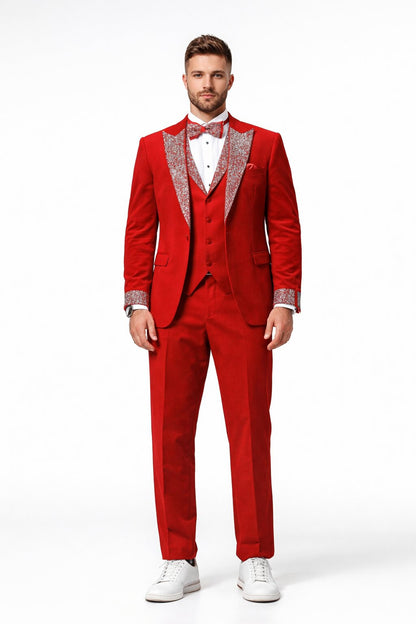 Red Prom Tuxedo - Perfect Wedding Suit Vested Rhinestone sequin Lapelled