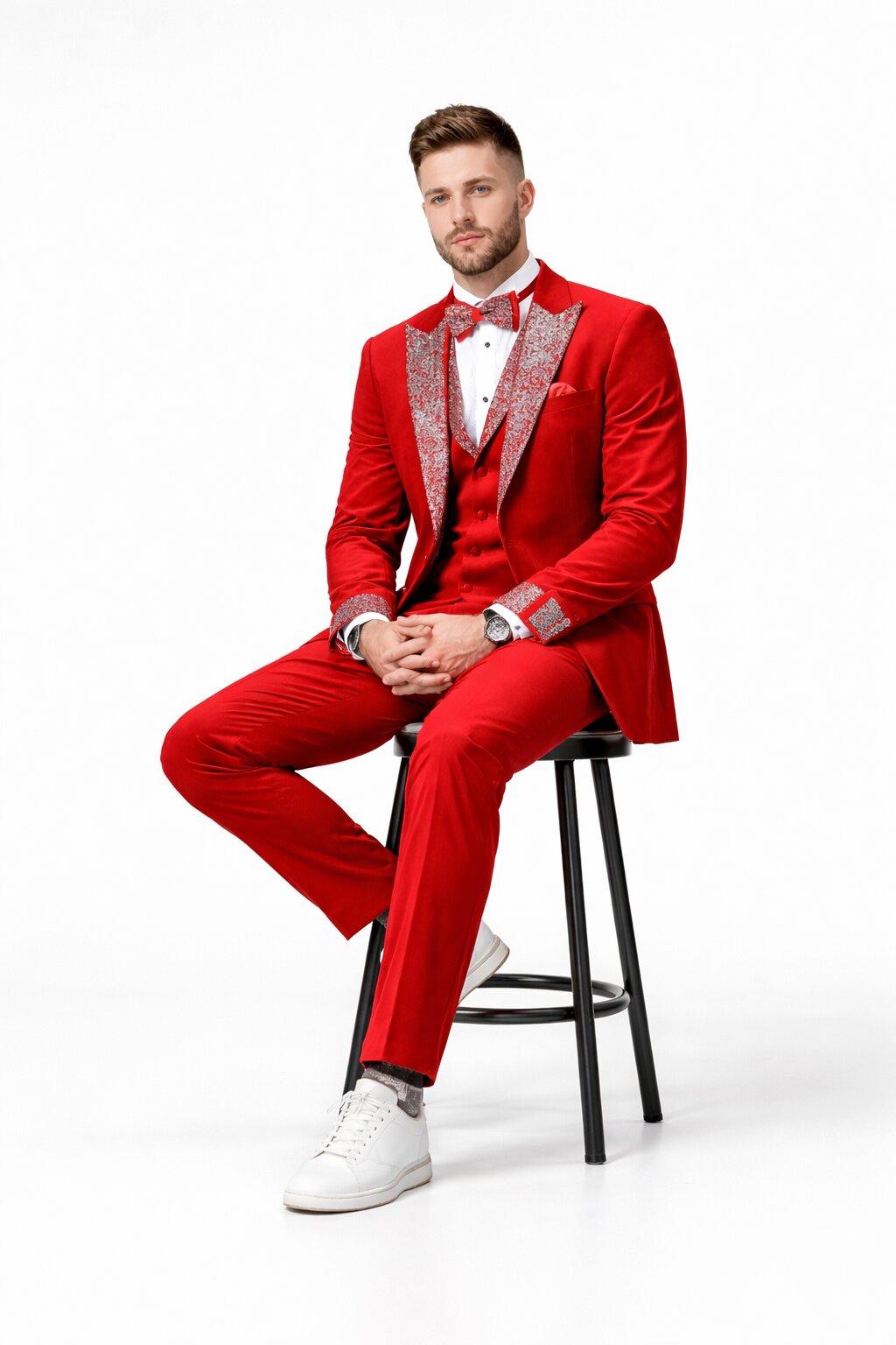 Red Prom Tuxedo - Perfect Wedding Suit Vested Rhinestone sequin Lapelled