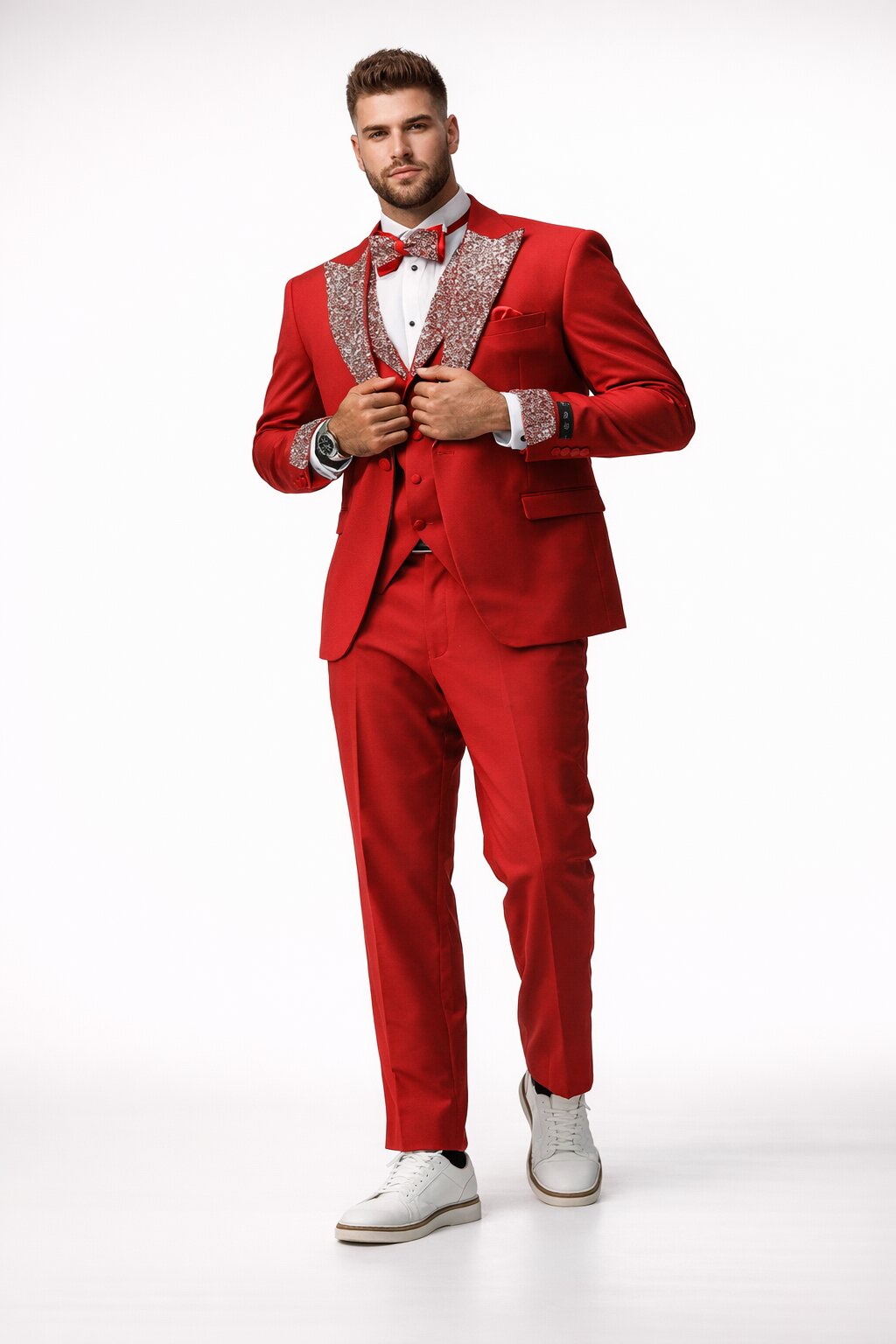 Red Prom Tuxedo - Perfect Wedding Suit Vested Rhinestone sequin Lapelled