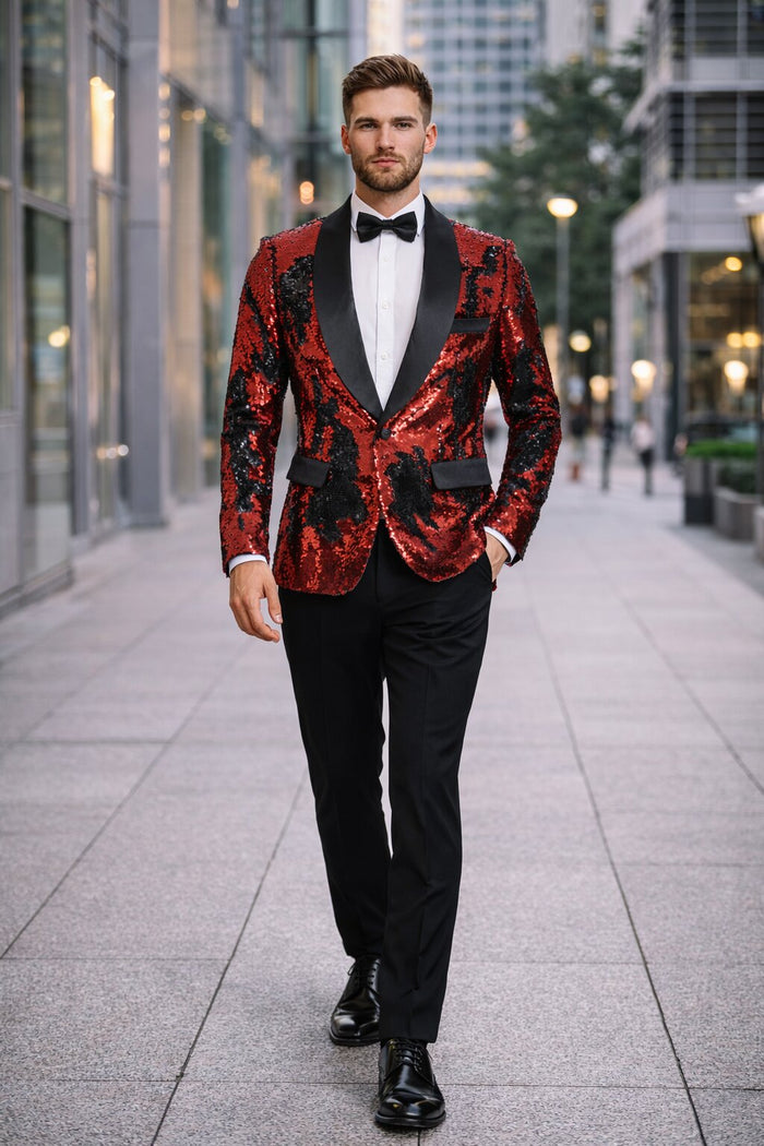 1 Button Reversible Sequin Blazer In Red and Black