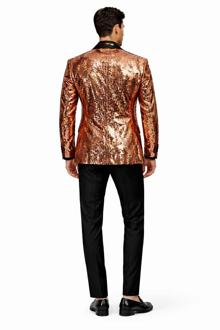 Mens Rose Gold Sequin Tuxedo Jacket with Black Satin Shawl Lapel and Matching Bow Tie