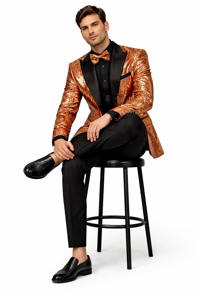Mens Rose Gold Sequin Tuxedo Jacket with Black Satin Shawl Lapel and Matching Bow Tie
