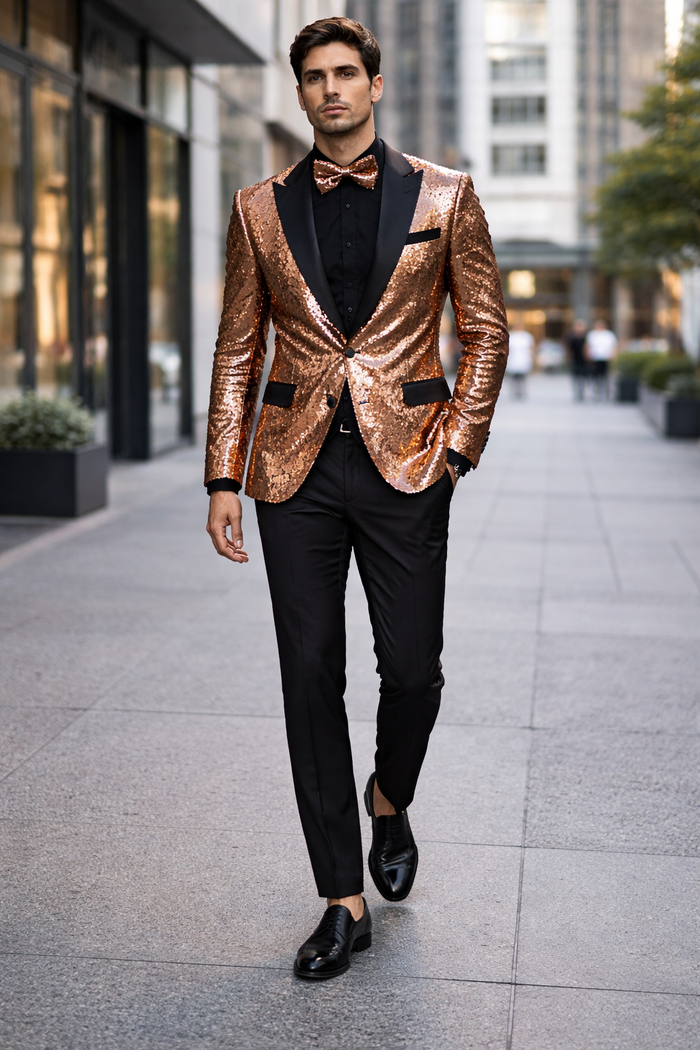 Mens Rose Gold Sequin Tuxedo Jacket with Black Satin Shawl Lapel and Matching Bow Tie