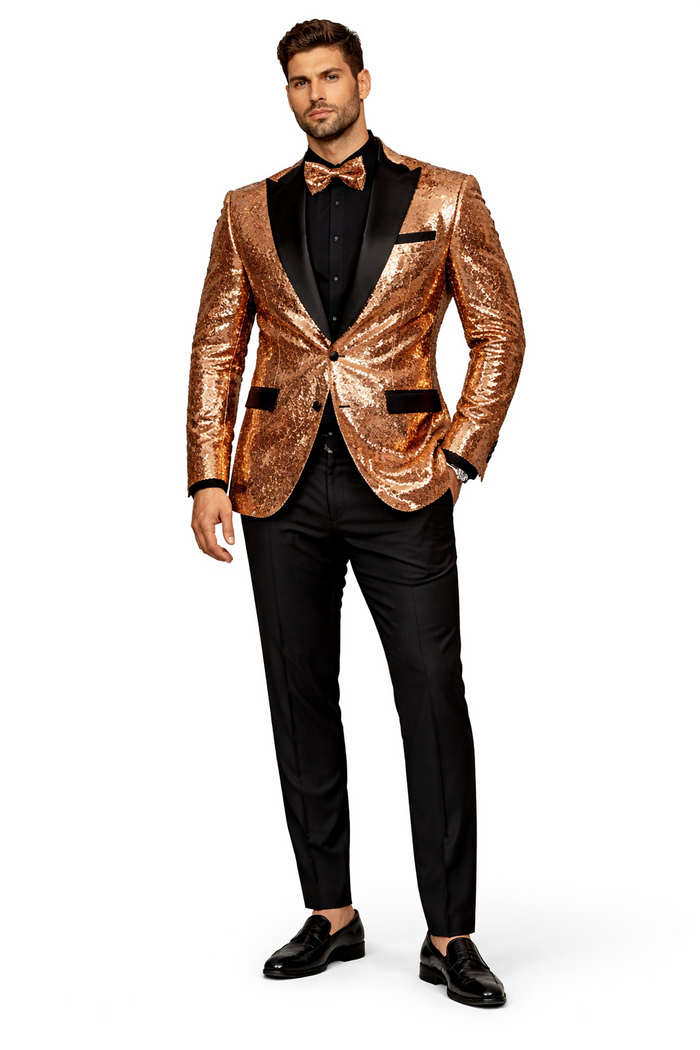 Mens Rose Gold Sequin Tuxedo Jacket with Black Satin Shawl Lapel and Matching Bow Tie