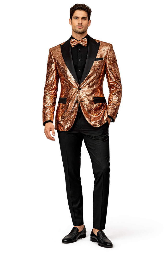 Mens Rose Gold Sequin Tuxedo Jacket with Black Satin Shawl Lapel and Matching Bow Tie