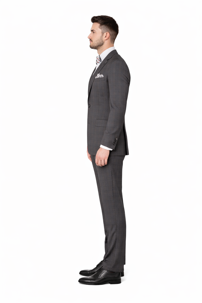 Men'S Rossiman Rossi Man Brand Charcoal Plaid Tapered Leg Lower Rise Pants & Get Skinny 1 Button Slim Fit Peak Lapel Suit