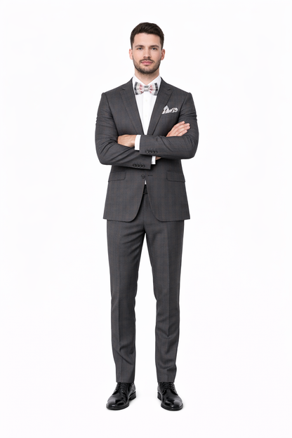 Men'S Rossiman Rossi Man Brand Charcoal Plaid Tapered Leg Lower Rise Pants & Get Skinny 1 Button Slim Fit Peak Lapel Suit