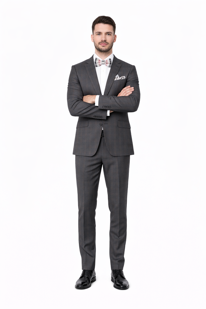 Men'S Rossiman Rossi Man Brand Charcoal Plaid Tapered Leg Lower Rise Pants & Get Skinny 1 Button Slim Fit Peak Lapel Suit