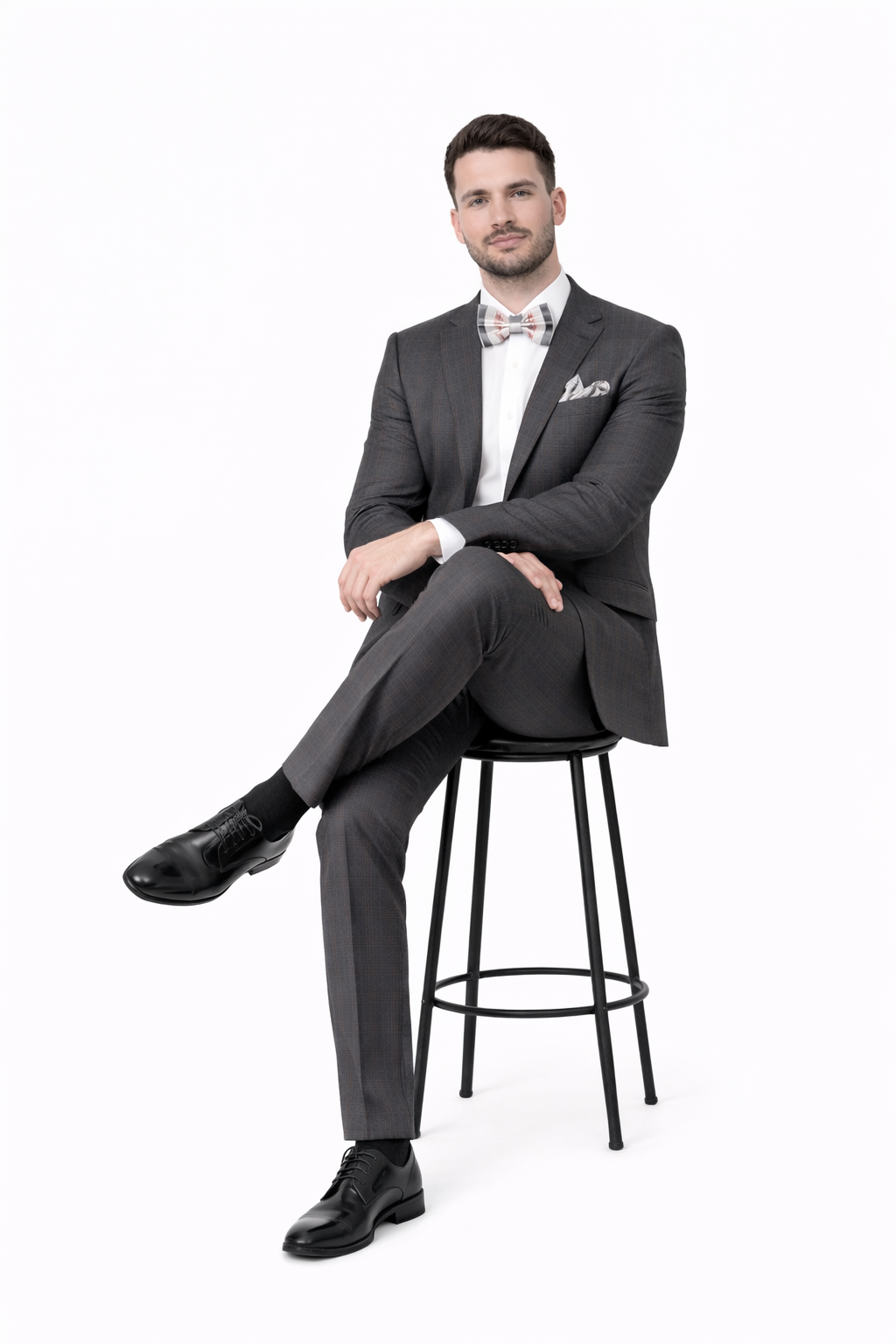 Men'S Rossiman Rossi Man Brand Charcoal Plaid Tapered Leg Lower Rise Pants & Get Skinny 1 Button Slim Fit Peak Lapel Suit