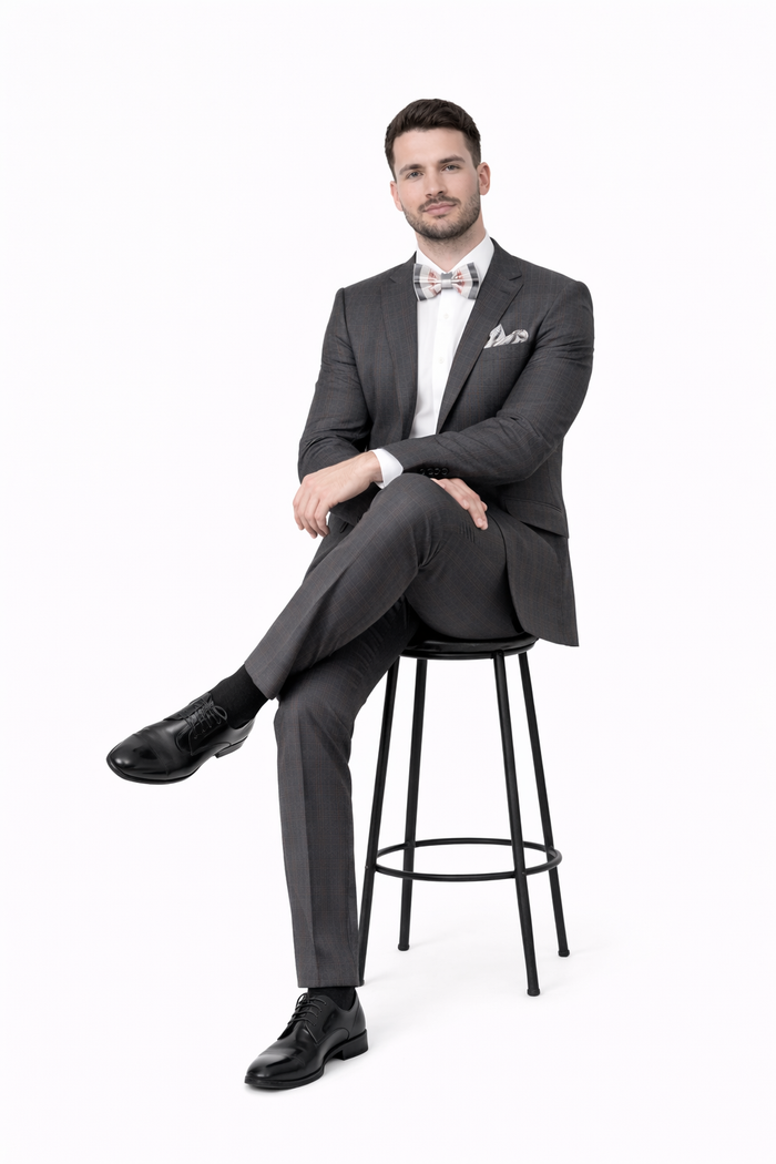Men'S Rossiman Rossi Man Brand Charcoal Plaid Tapered Leg Lower Rise Pants & Get Skinny 1 Button Slim Fit Peak Lapel Suit