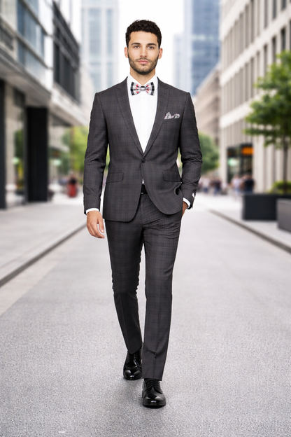 Men'S Rossiman Rossi Man Brand Charcoal Plaid Tapered Leg Lower Rise Pants & Get Skinny 1 Button Slim Fit Peak Lapel Suit