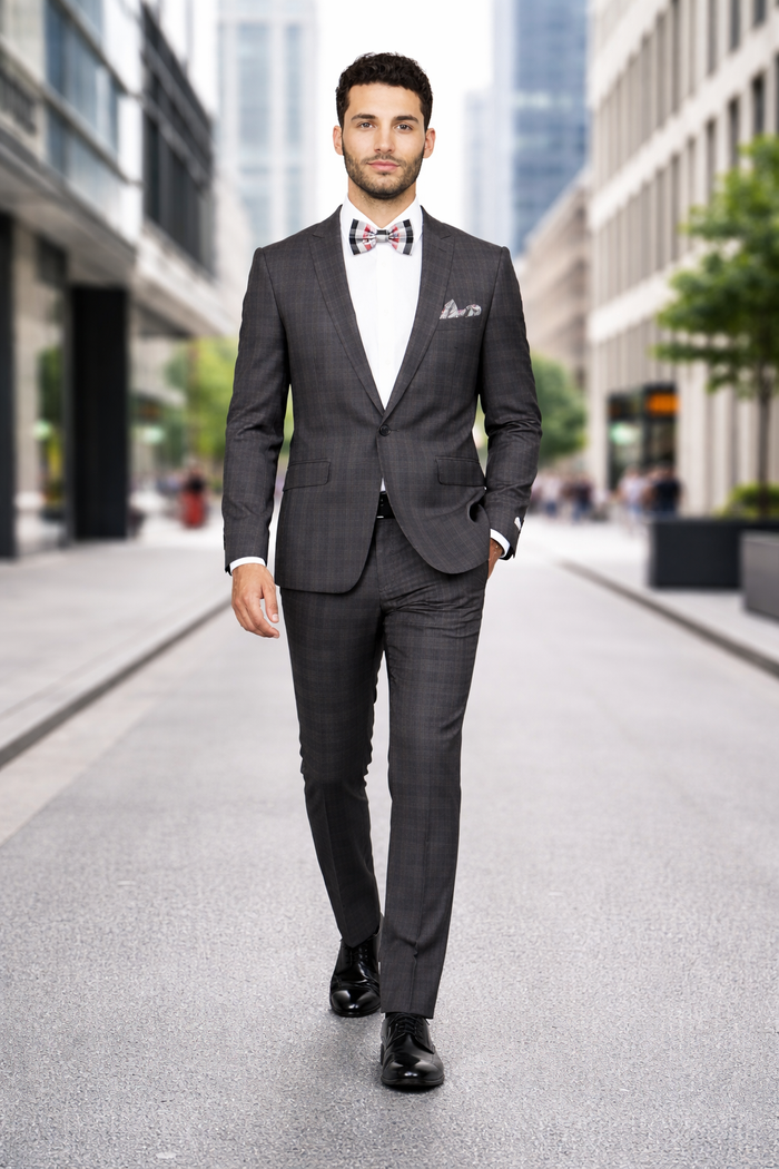 Men'S Rossiman Rossi Man Brand Charcoal Plaid Tapered Leg Lower Rise Pants & Get Skinny 1 Button Slim Fit Peak Lapel Suit