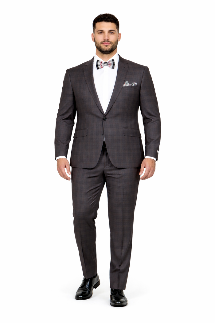 Men'S Rossiman Rossi Man Brand Charcoal Plaid Tapered Leg Lower Rise Pants & Get Skinny 1 Button Slim Fit Peak Lapel Suit