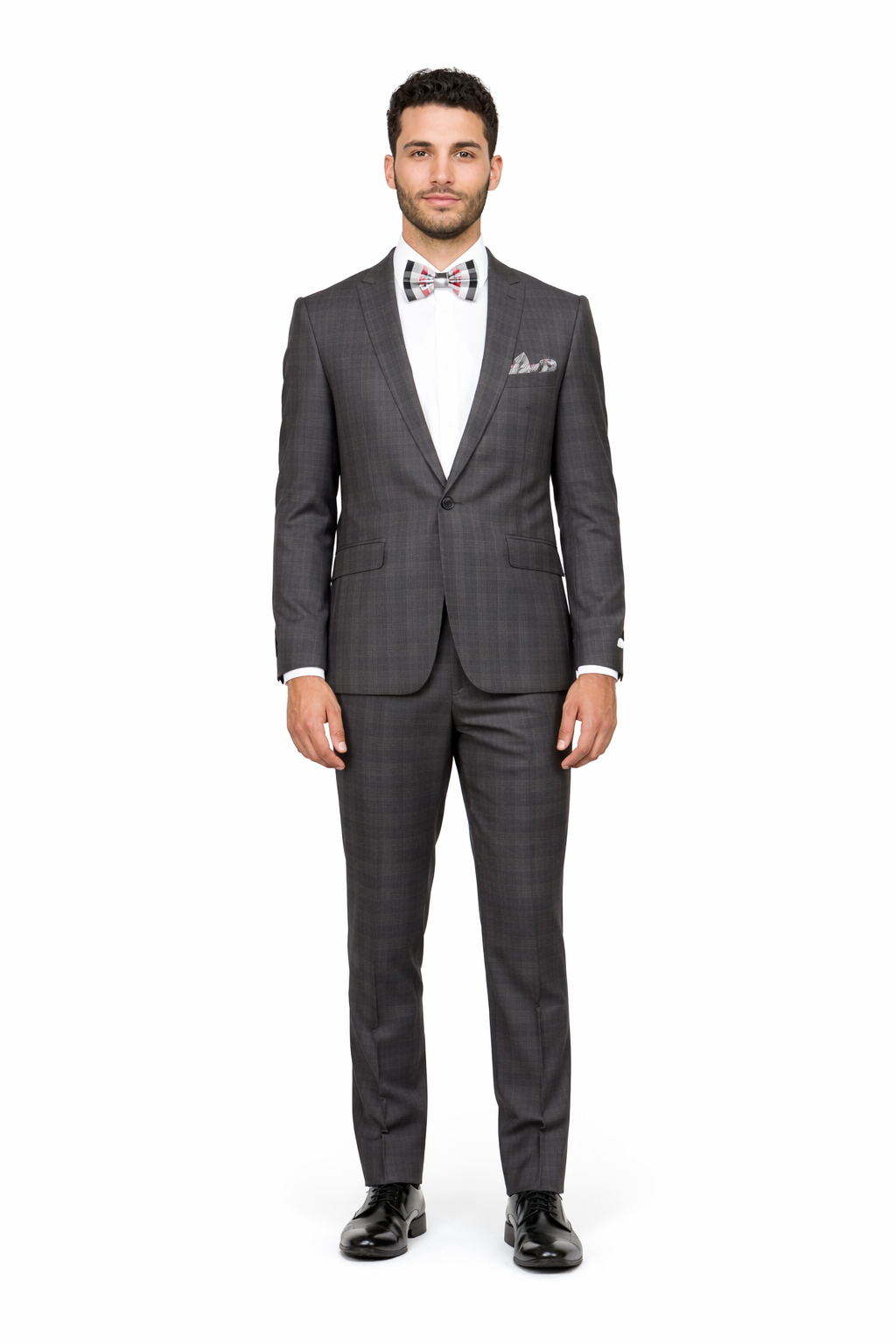 Men'S Rossiman Rossi Man Brand Charcoal Plaid Tapered Leg Lower Rise Pants & Get Skinny 1 Button Slim Fit Peak Lapel Suit
