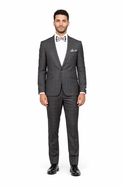 Men'S Rossiman Rossi Man Brand Charcoal Plaid Tapered Leg Lower Rise Pants & Get Skinny 1 Button Slim Fit Peak Lapel Suit