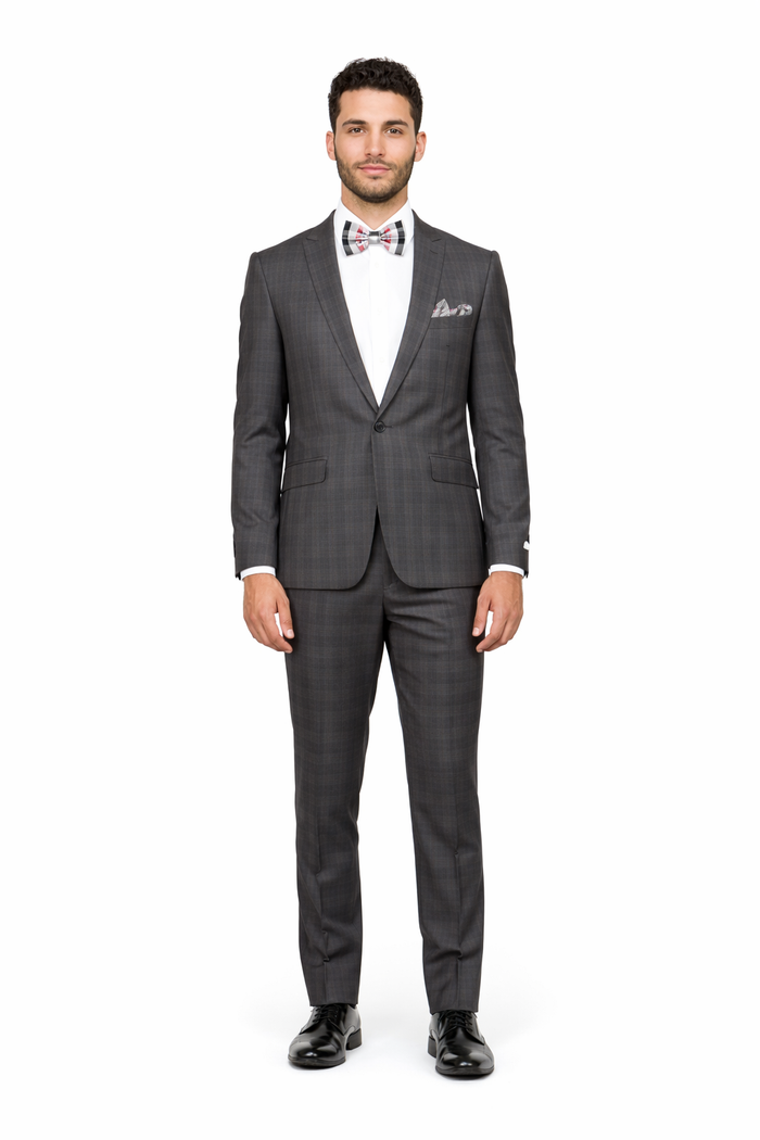 Men'S Rossiman Rossi Man Brand Charcoal Plaid Tapered Leg Lower Rise Pants & Get Skinny 1 Button Slim Fit Peak Lapel Suit