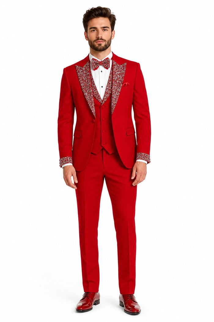 Red Prom Tuxedo - Perfect Wedding Suit Vested Rhinestone sequin Lapelled