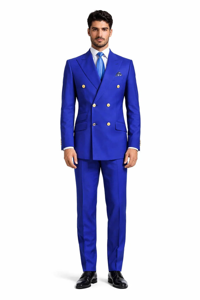 Mens Royal Blue Double-Breasted Suit with Gold Buttons  Slim Fit Formal 2-Piece Set