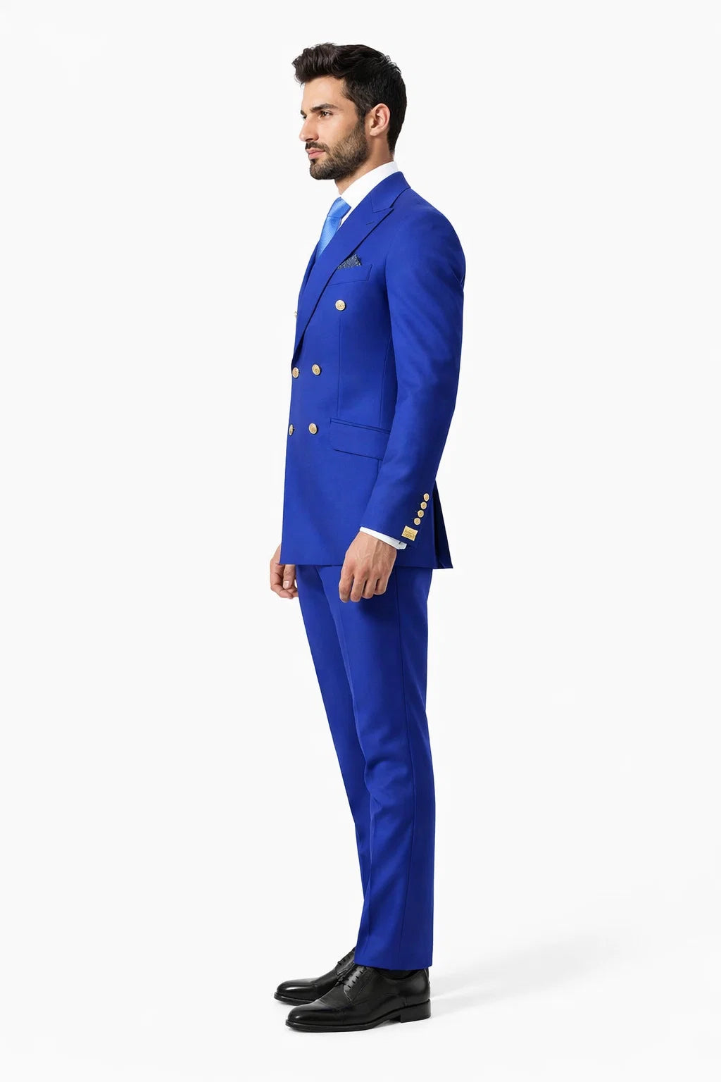 Mens Royal Blue Double-Breasted Suit with Gold Buttons  Slim Fit Formal 2-Piece Set