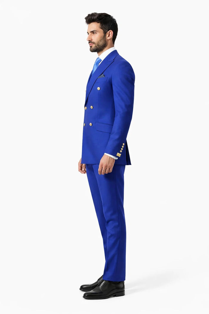 Mens Royal Blue Double-Breasted Suit with Gold Buttons  Slim Fit Formal 2-Piece Set
