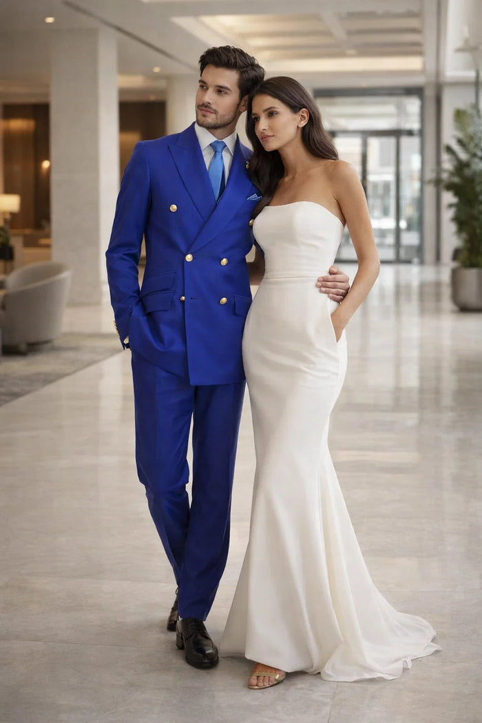 Mens Royal Blue Double-Breasted Suit with Gold Buttons  Slim Fit Formal 2-Piece Set