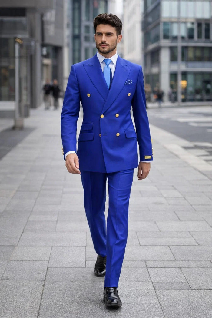 Mens Royal Blue Double-Breasted Suit with Gold Buttons  Slim Fit Formal 2-Piece Set