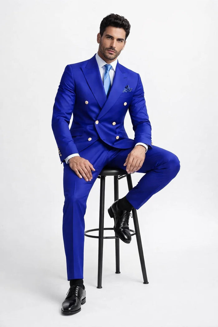 Mens Royal Blue Double-Breasted Suit with Gold Buttons  Slim Fit Formal 2-Piece Set