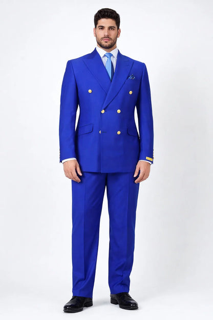 Mens Royal Blue Double-Breasted Suit with Gold Buttons  Slim Fit Formal 2-Piece Set