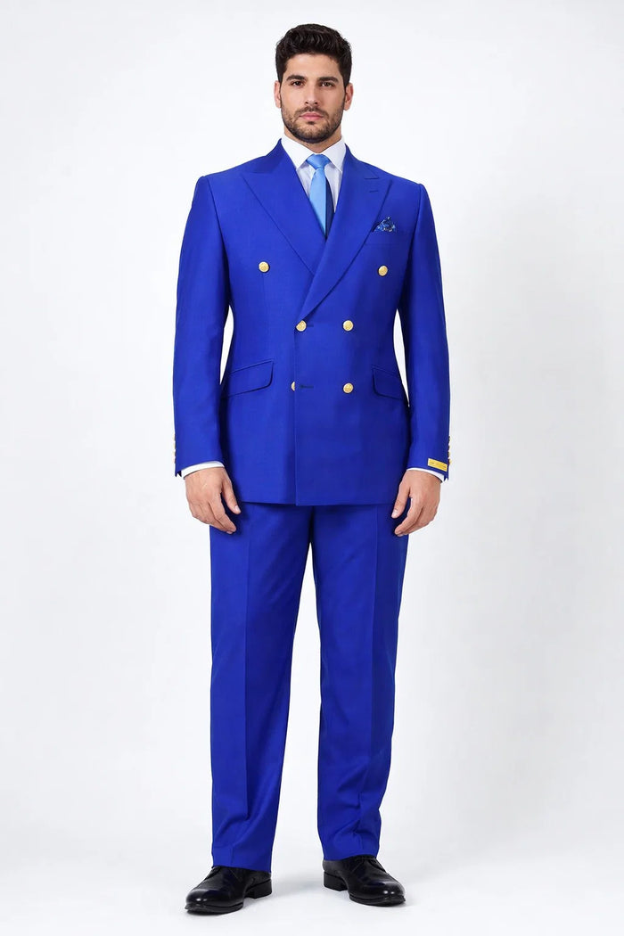 Mens Royal Blue Double-Breasted Suit with Gold Buttons  Slim Fit Formal 2-Piece Set