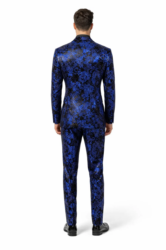 Mens Royal Blue Metallic Floral Suit  Black Background Two Piece Tuxedo Set