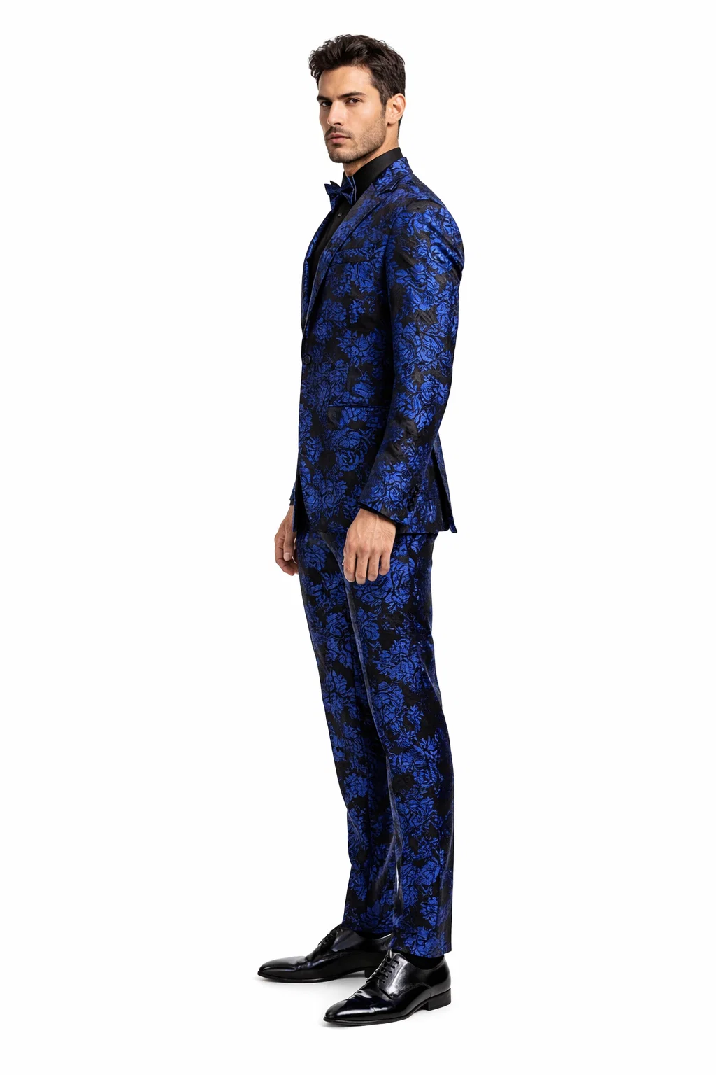Mens Royal Blue Metallic Floral Suit  Black Background Two Piece Tuxedo Set