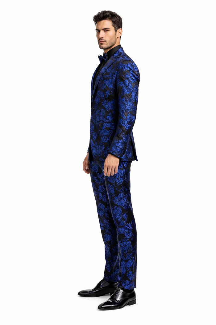 Mens Royal Blue Metallic Floral Suit  Black Background Two Piece Tuxedo Set