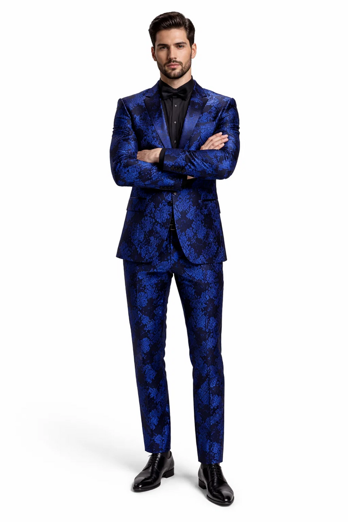 Mens Royal Blue Metallic Floral Suit  Black Background Two Piece Tuxedo Set