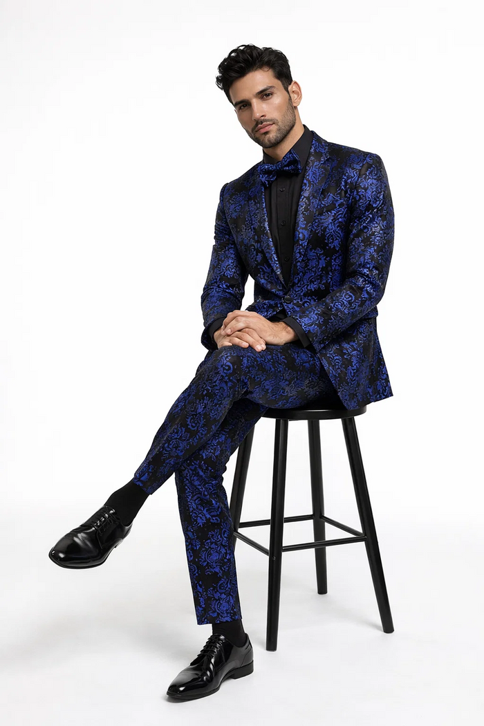 Mens Royal Blue Metallic Floral Suit  Black Background Two Piece Tuxedo Set