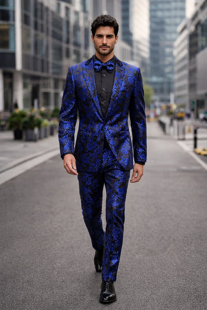 Mens Royal Blue Metallic Floral Suit  Black Background Two Piece Tuxedo Set