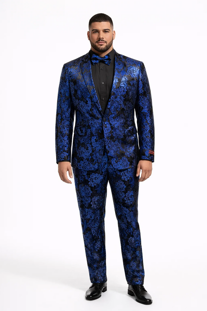 Mens Royal Blue Metallic Floral Suit  Black Background Two Piece Tuxedo Set