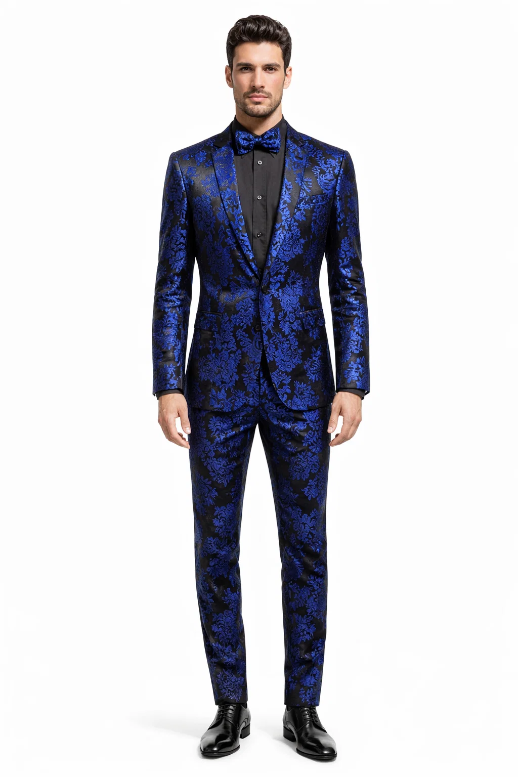 Mens Royal Blue Metallic Floral Suit  Black Background Two Piece Tuxedo Set