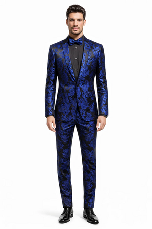 Mens Royal Blue Metallic Floral Suit  Black Background Two Piece Tuxedo Set