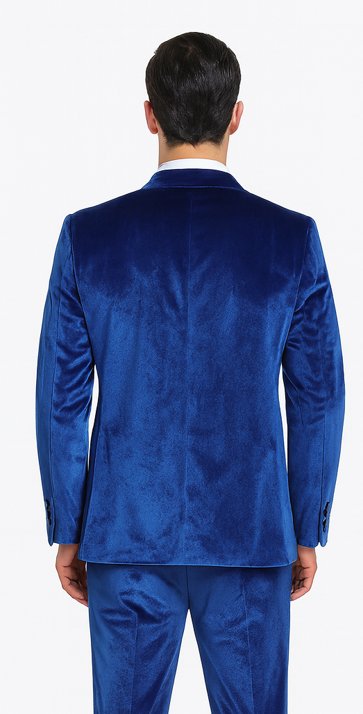 Tazzio Mens Royal Blue Velvet Suit  Designer 2-Piece Slim Fit Peak Lapel Set