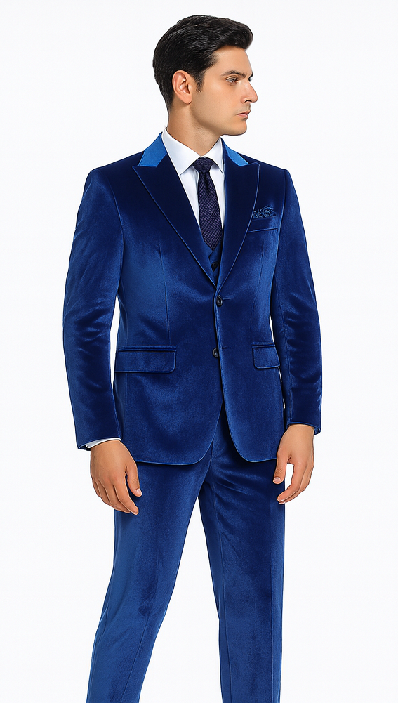 Tazzio Mens Royal Blue Velvet Suit  Designer 2-Piece Slim Fit Peak Lapel Set