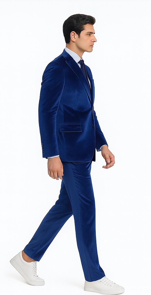 Tazzio Mens Royal Blue Velvet Suit  Designer 2-Piece Slim Fit Peak Lapel Set