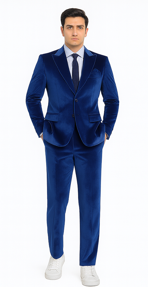 Tazzio Mens Royal Blue Velvet Suit  Designer 2-Piece Slim Fit Peak Lapel Set