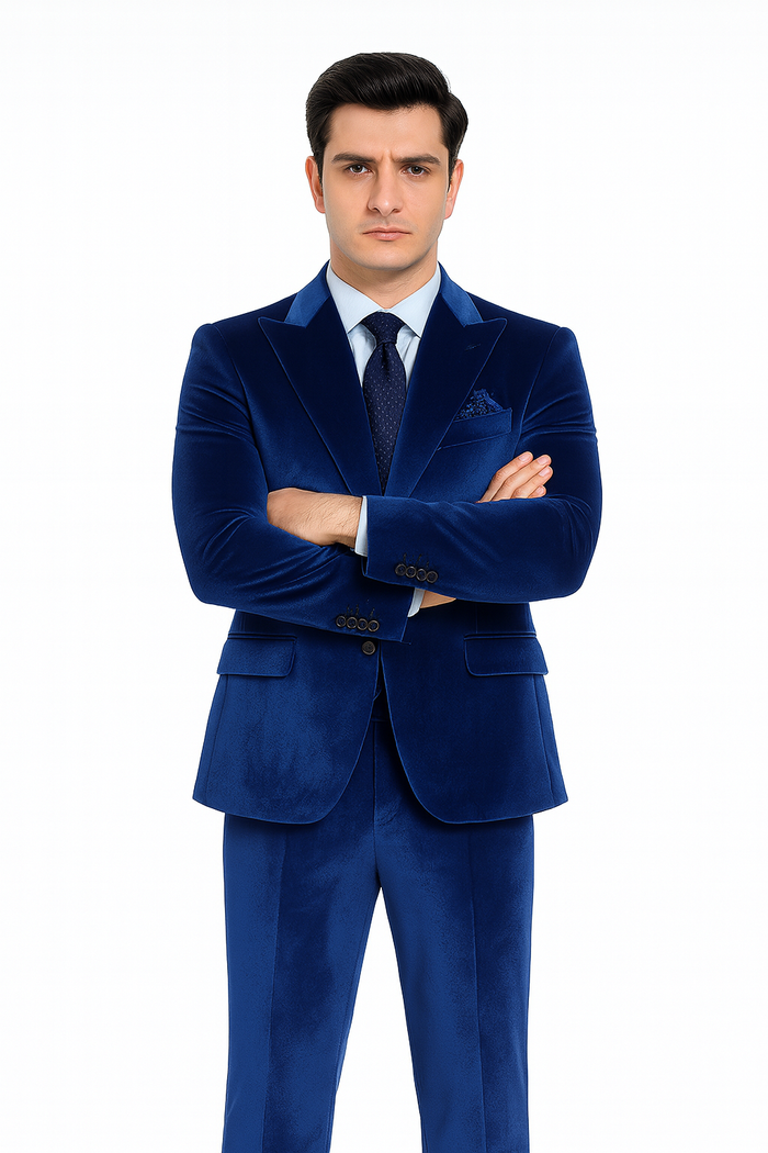 Tazzio Mens Royal Blue Velvet Suit  Designer 2-Piece Slim Fit Peak Lapel Set