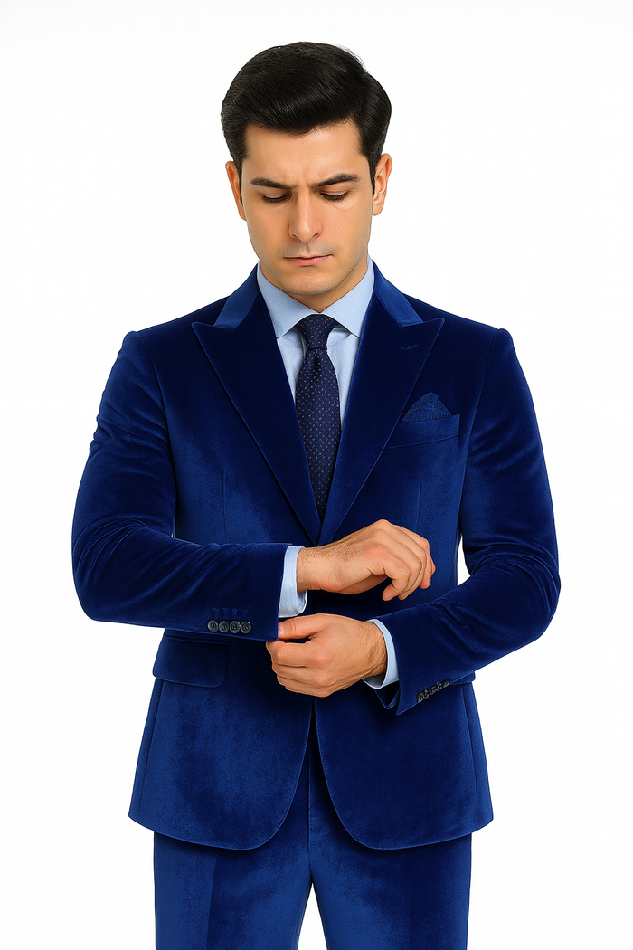 Tazzio Mens Royal Blue Velvet Suit  Designer 2-Piece Slim Fit Peak Lapel Set
