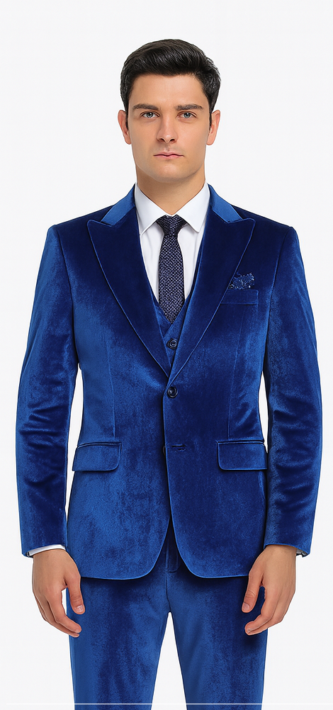 Tazzio Mens Royal Blue Velvet Suit  Designer 2-Piece Slim Fit Peak Lapel Set