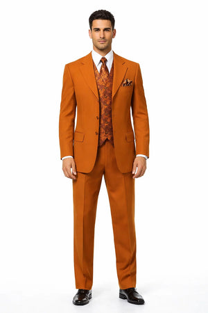 Mens Rust 3-Piece Fashion Suit  Notch Lapel with Paisley Vest, Tie and Pocket Square - Zoot Suit